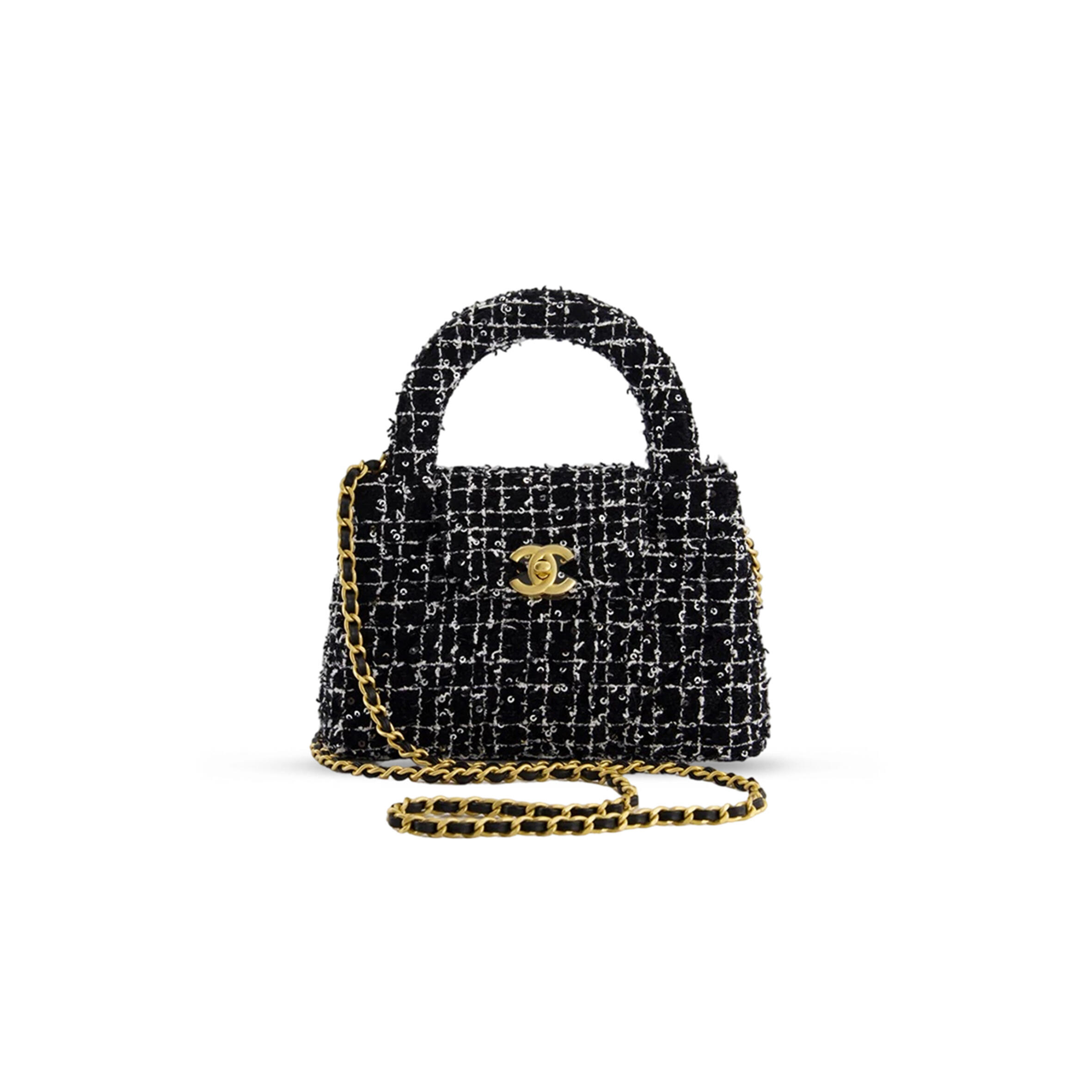 CHANEL SMALL KELLY SHOPPER BLACK, WHITE & SILVER SEQUIN TWEED BRUSHED GOLD HARDWARE AS4416 (19*13*7cm)